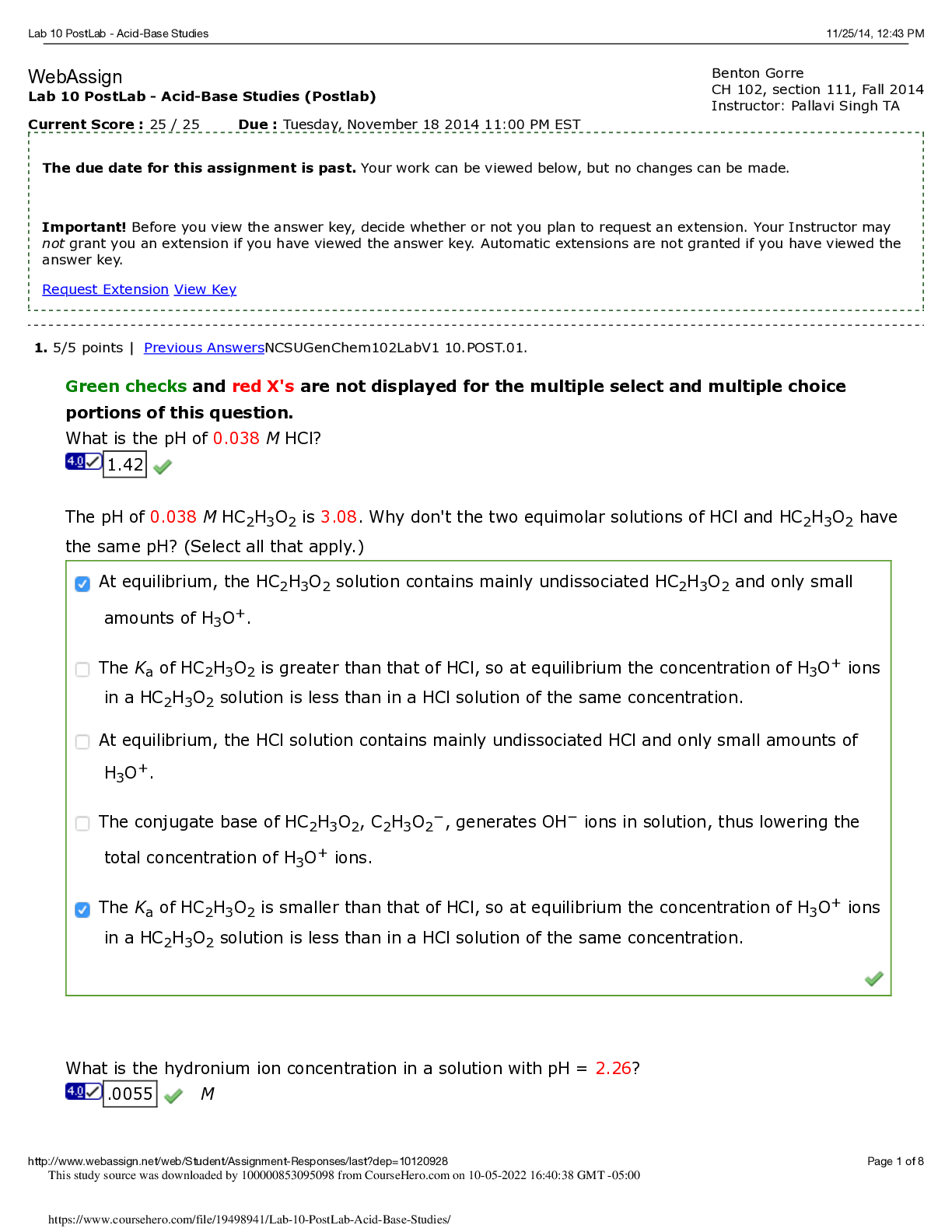 Preview image for CH101 CHEMISTRY 101 Lab 10 PostLab - Acid-Base Studies. Current Score 25 / 25 | North Carolina State University